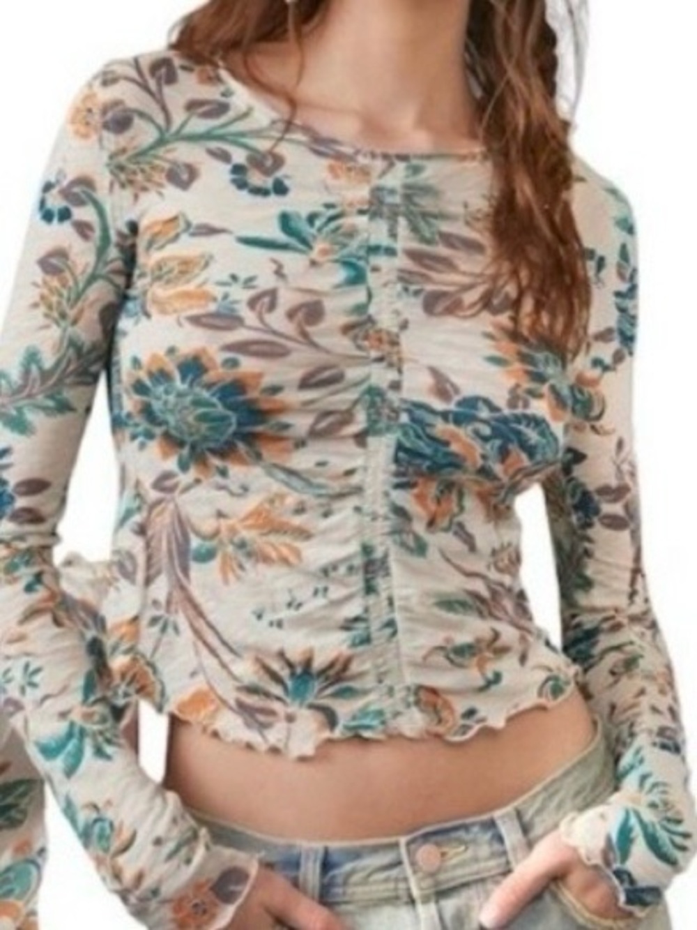 Free People Teal & Cream Floral Ruched Long-Sleeve Crop Top